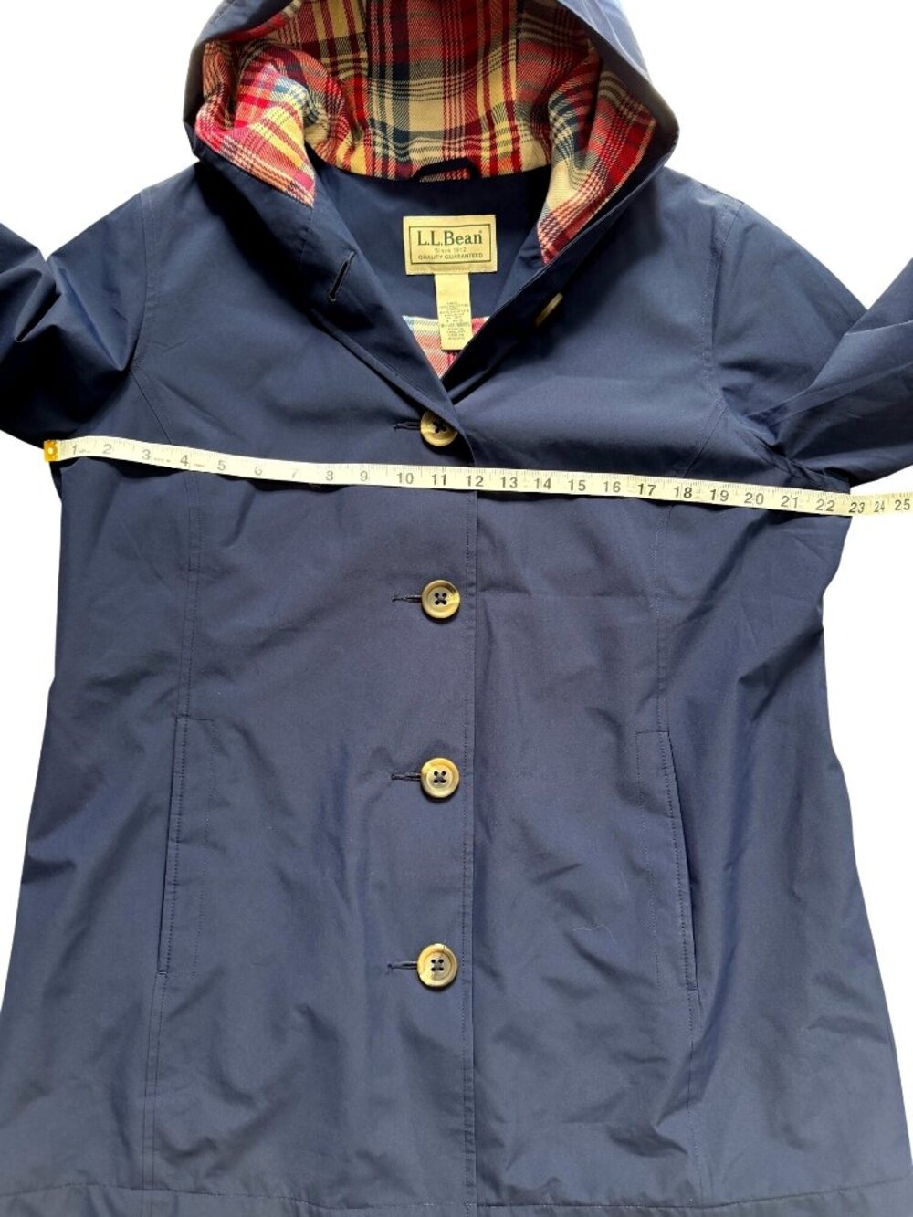 L.L. Bean Womens Size L Macintosh Coat Easy Care Jacket Hooded Navy Plaid-Lined - Picture 6 of 7